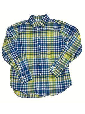 Lands End Kids Boys Small 8 Plaid Long Sleeve Shirt S 8 Cotton Blue Yellow